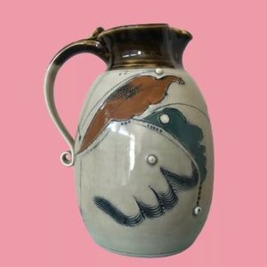 Vintage Autumnal Modernist Art Pottery Jug Raised Dots Asian Character